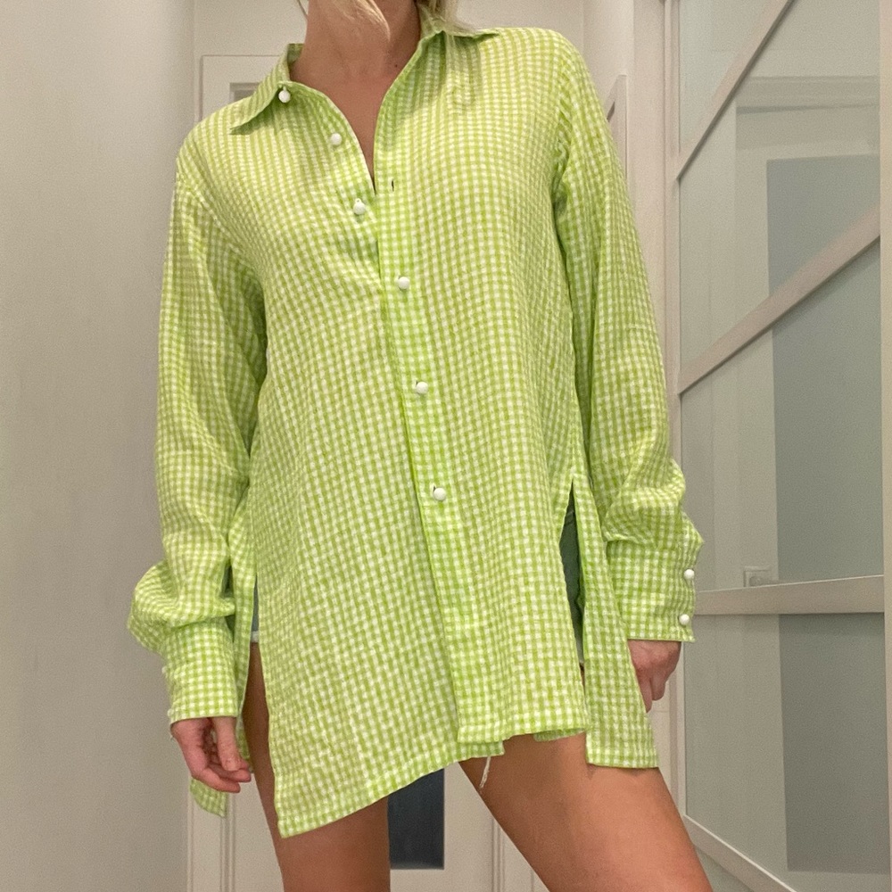 Solid & Stripped Lime Green Gingham Button Up Top - image 5